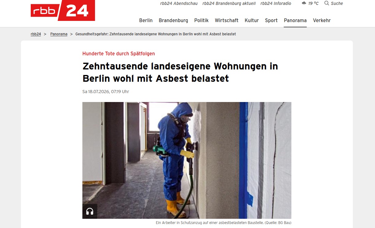 Screenshot eines rbb24 Artikels über Asbestverdacht in landeseigenen Berliner Wohnungen mit Arbeiter